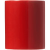 A ceramic mug in vibrant red, presented in a folded box, featuring a smooth, glossy finish.