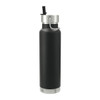 A drink bottle in matte black with a silver lid and a straw, featuring a handle for easy carrying.