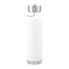 A drink bottle in white with a stainless steel lid and base, featuring a handle and a straw lid.