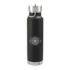 A drink bottle in matte black with a stainless steel lid and base, featuring a circular logo design.