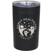A drink bottle in black with a transparent lid and a logo on the front, suitable for hot or cold beverages.