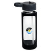 A drink bottle made of clear glass with a black silicone cover, featuring a logo on the side and a grey lid.
