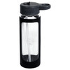 A drink bottle with a transparent glass body and black silicone cover, featuring a grey lid and straw.