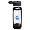 A drink bottle with a transparent glass body and black silicone cover, featuring a logo on the front.