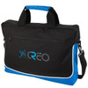 A laptop bag in black and blue with a front zip pocket and a shoulder strap, featuring a logo.