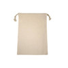 A beige 100% cotton drawstring bag with two tied cords at the top and no visible branding.