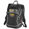 A black backpack with a mesh front pocket, featuring white accents and a logo. It has compartments for storage.