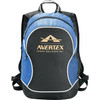 A blue and black backpack with a logo, featuring a sleek design and adjustable straps.