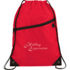 A red drawstring bag featuring a front zip pocket and a logo. It has black accents and drawstrings.
