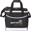 A black cooler bag with white accents and a logo. Features both handles and a shoulder strap for carrying.