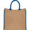 A large jute tote bag in natural brown with blue handles, featuring a logo on the front.