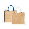 Large jute tote bags in natural with blue and white handles, featuring branding on one side.