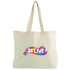 A natural cotton tote bag in cream with a colourful logo design on the front.