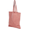 A red recycled cotton twill tote bag with two shoulder straps and a simple design. Features a logo.