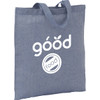 A blue recycled cotton twill tote bag with handles and a logo printed on the front.