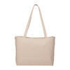 A beige zippered cotton canvas shopper tote with two shoulder straps and a simple design. Features a logo.