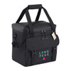 A black cooler bag with a logo, featuring dual carrying straps and a zippered top, suitable for holding beverages.
