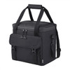 A black cooler bag with adjustable straps and a front flap, designed to hold up to 24 cans.