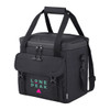 A black cooler bag with a padded top, adjustable straps, and a logo on the front. It features a secure closure and side pockets.