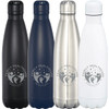 A drink bottle set featuring four insulated bottles in black, silver, and white, with a logo on each.