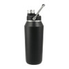 A drink bottle in matte black, featuring a stainless steel cap and a handle, designed for vacuum insulation.
