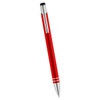 A red ballpoint pen with a chrome clip and accents, featuring a branding logo.