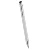 A silver ballpoint pen with a sleek design and a clip, featuring a logo on the body.