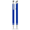 A set of blue ballpoint pens with silver accents and a clip, featuring a logo.