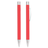 A red metal ballpoint pen featuring a sleek design and a metallic clip. The pen has a branding logo.