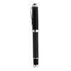 A black rollerball pen with a carbon fibre grip and silver accents, featuring a clip and a logo.