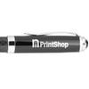A carbon fibre ballpoint pen featuring a sleek black finish and silver accents, with a logo on the barrel.