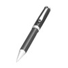 A sleek black carbon fibre ballpoint pen with silver accents and a polished design. It features a logo on the body.