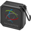 A black, portable Bluetooth speaker with a carabiner clip and a colourful logo design on the front.