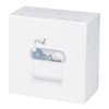 A white product box containing earbuds, featuring a minimalist design and a branding logo.