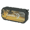 A black waterproof Bluetooth speaker with a tropical sunset design and a logo on the front.