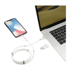 A white 5-in-1 charging cable with a magnetic wrap, connecting a phone to a laptop. The product features a logo.
