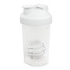 A drink bottle featuring a clear body with a white lid and an interior whisk ball. It has a logo on the side.