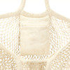 A cream-coloured mesh tote bag featuring an integrated zippered pouch inside. The bag has a simple design and a branding logo.