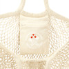 A cream-coloured cotton mesh market bag with a zippered pouch inside, featuring a logo.