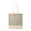 A grey and cream recycled cotton twill tote bag with long handles and a branding tag.