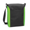 A black and green cooler bag with an adjustable strap and a front pocket, featuring a logo.