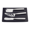 A stainless steel cheese knife set in a black box, featuring three knives of different shapes and sizes.