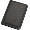 A5 zippered compendium in black with white stitching, featuring a sleek, professional design and a logo.