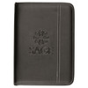 A5 zippered compendium in black leather with embossed logo and white stitching detail. Ideal for office use.
