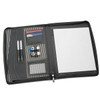 A black imitation leather zip compendium featuring multiple pockets, pens, and a notepad. It has a sleek, professional design.