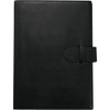 A large black journal with a smooth finish and a clasp closure, featuring a simple design.