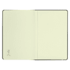A black journal with blank pages and a logo. The interior features a smooth, light cream-coloured finish.