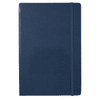 A navy blue journal with a textured cover and an elastic band closure, featuring a logo.
