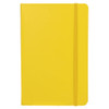A yellow notebook with a smooth cover and an elastic band closure; features a logo on the front.