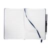 A navy blue bound journal with lined pages, a ribbon bookmark, and a pen attached.